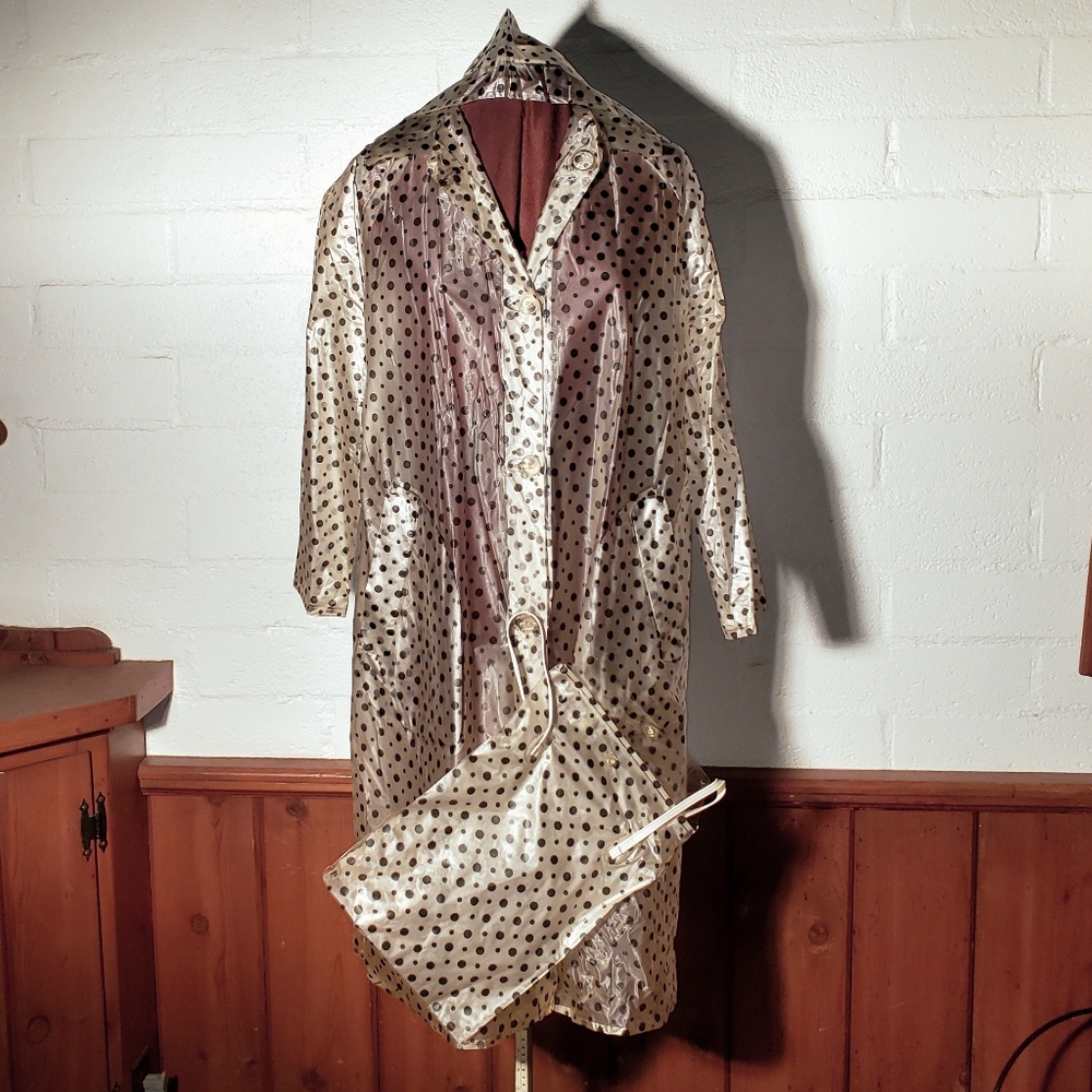 Vintage vinyl mod black polka dot raincoat set